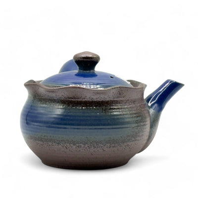 Hana Mizuki Blue Banko-yaki Kyusu Japanese teapot with side handle, handcrafted ceramic for loose leaf tea brewing.