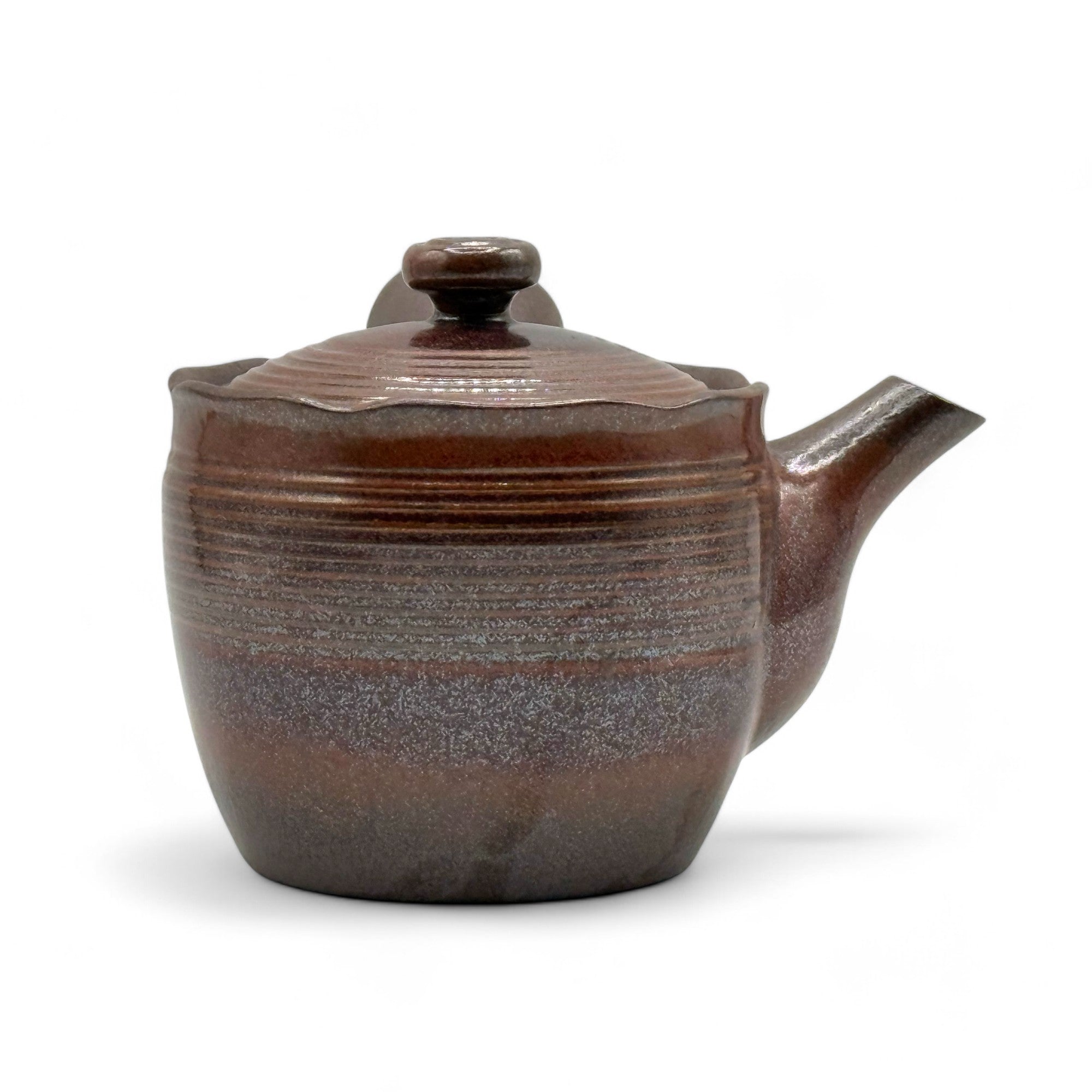 Hanafubuki flame brown Banko-yaki Kyusu Japanese teapot with traditional clay design and side handle.