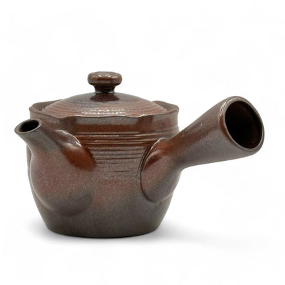 Hanafubuki flame brown Banko-yaki Kyusu Japanese teapot with traditional clay design and side handle.