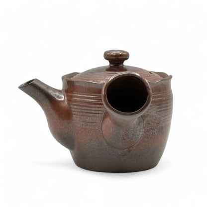 Hanafubuki flame brown Banko-yaki Kyusu Japanese teapot with traditional clay design and side handle.