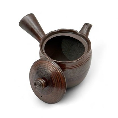 Hanafubuki flame brown Banko-yaki Kyusu Japanese teapot with traditional clay design and side handle.