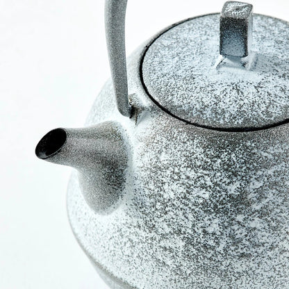 Hyōka Nambu ironware egg teapot – Japanese cast iron teapot with elegant snow theme design.
