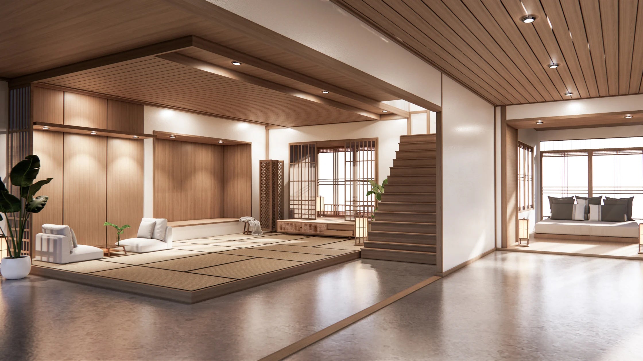 A room showing both classical and modern japanese interior design elements.