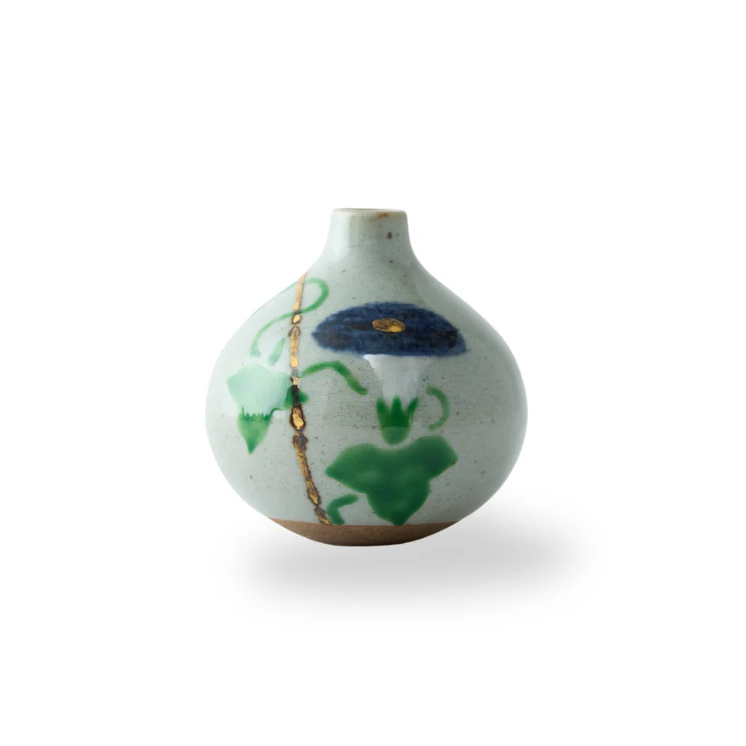 Handmade Japanese Tesai Kabin flower vase with Asagao morning glory motif, slipware Karatsu ceramic.