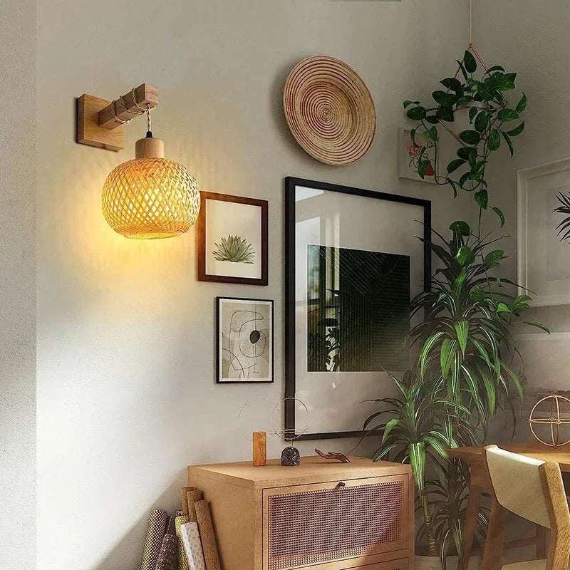 Japanese bamboo lantern wall lamp with rustic design, perfect for ambient lighting and enhancing home or outdoor decor.