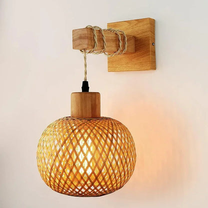 Japanese bamboo lantern wall lamp with rustic design, perfect for ambient lighting and enhancing home or outdoor decor.