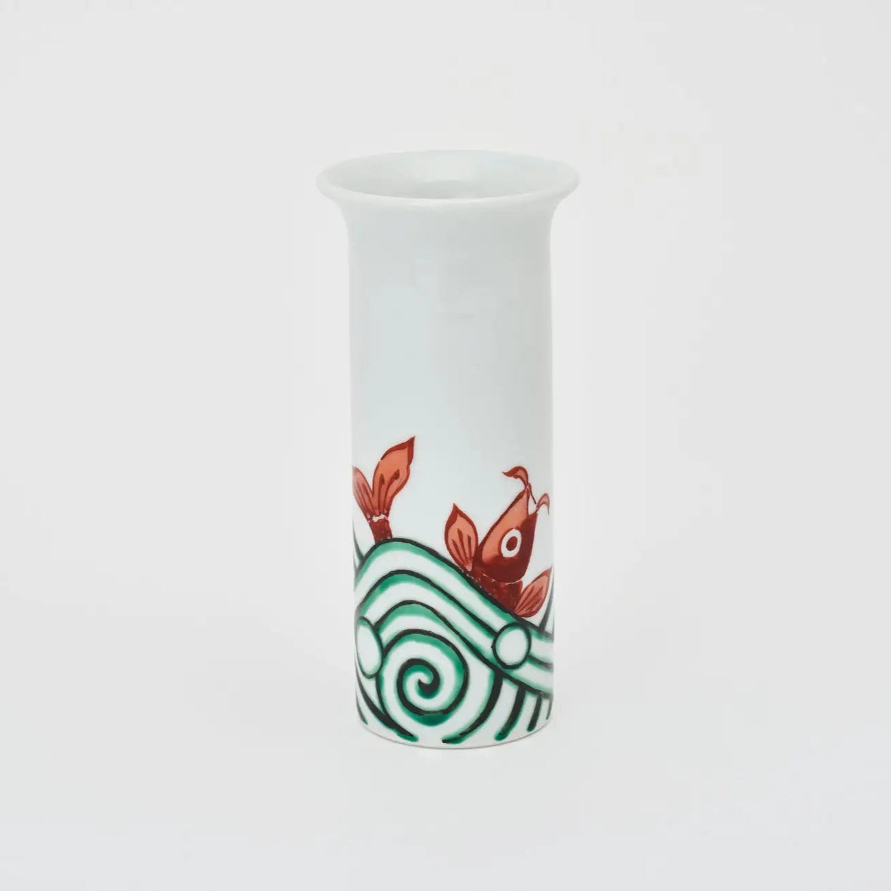 Handmade Japanese ceramic flower vase with koi carp and wave design, traditional decor accent piece.