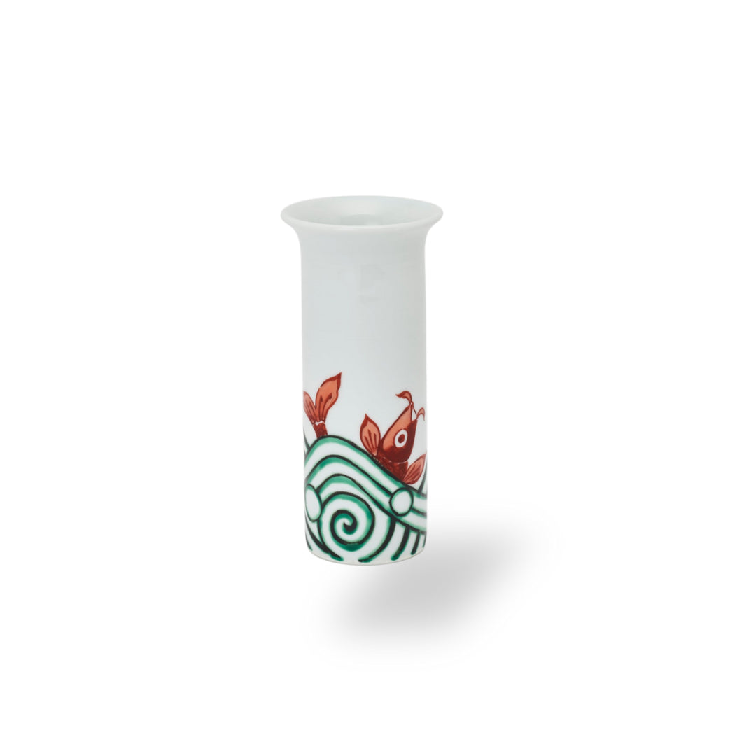 Handmade Japanese ceramic flower vase with koi carp and wave design, traditional decor accent piece.