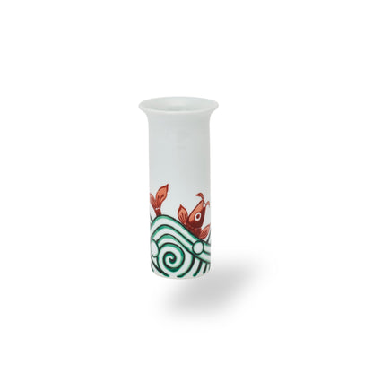 Handmade Japanese ceramic flower vase with koi carp and wave design, traditional decor accent piece.
