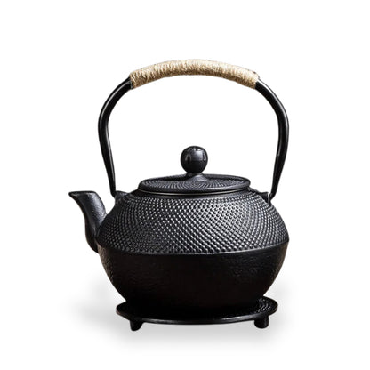 Japanese cast-iron teapot with tannin film covered interior, traditional design, and rust-resistant finish, perfect for brewing tea