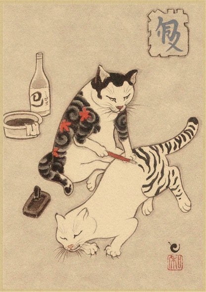 Japanese cat tattoo vintage poster wall art, traditional ink design, perfect for tattoo lovers, home decor, and unique wall decoration.