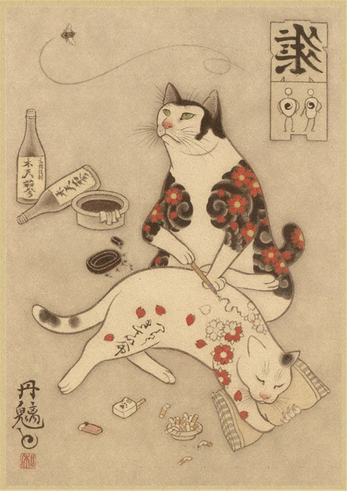 Japanese cat tattoo vintage poster wall art, traditional ink design, perfect for tattoo lovers, home decor, and unique wall decoration.