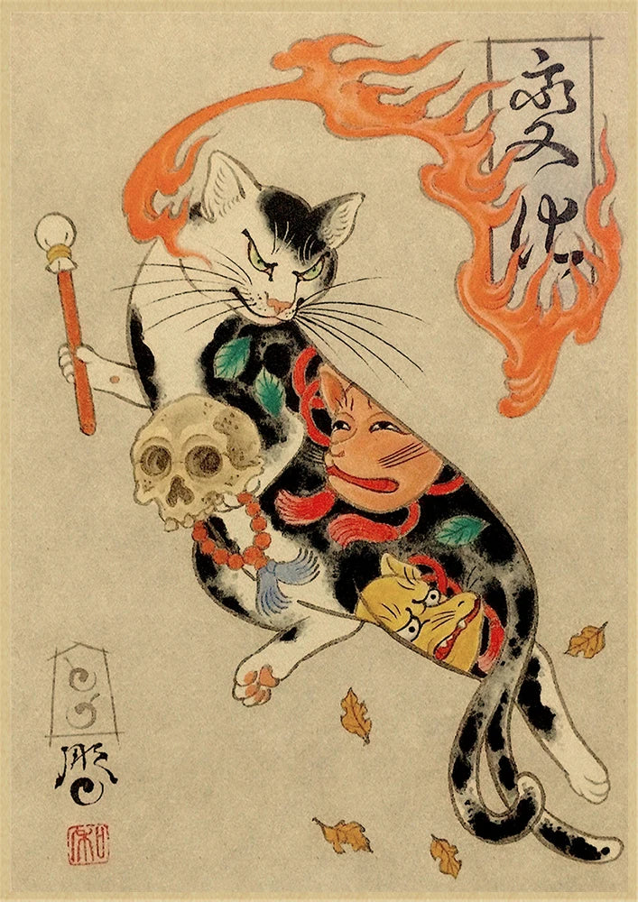 Japanese cat tattoo vintage poster wall art, traditional ink design, perfect for tattoo lovers, home decor, and unique wall decoration.