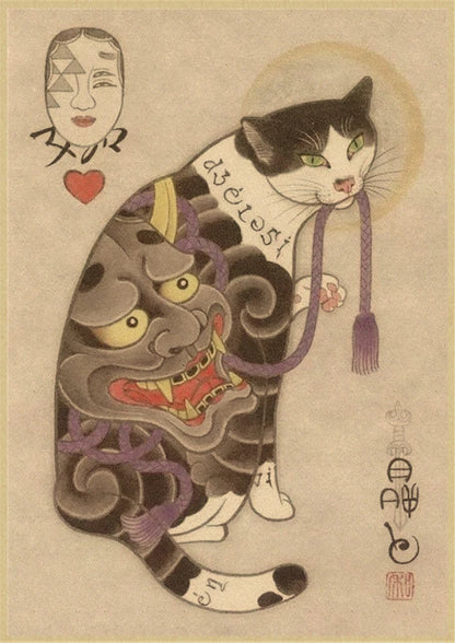 Japanese cat tattoo vintage poster wall art, traditional ink design, perfect for tattoo lovers, home decor, and unique wall decoration.