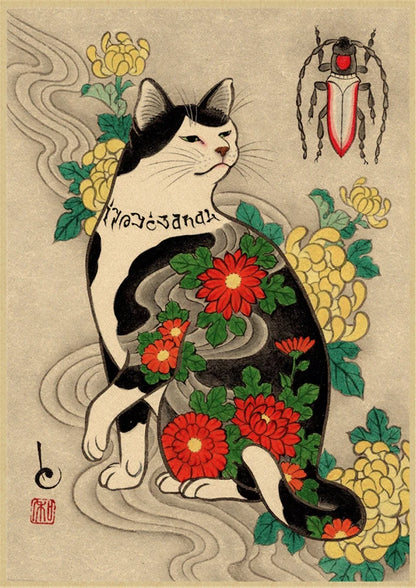 Japanese cat tattoo vintage poster wall art, traditional ink design, perfect for tattoo lovers, home decor, and unique wall decoration.