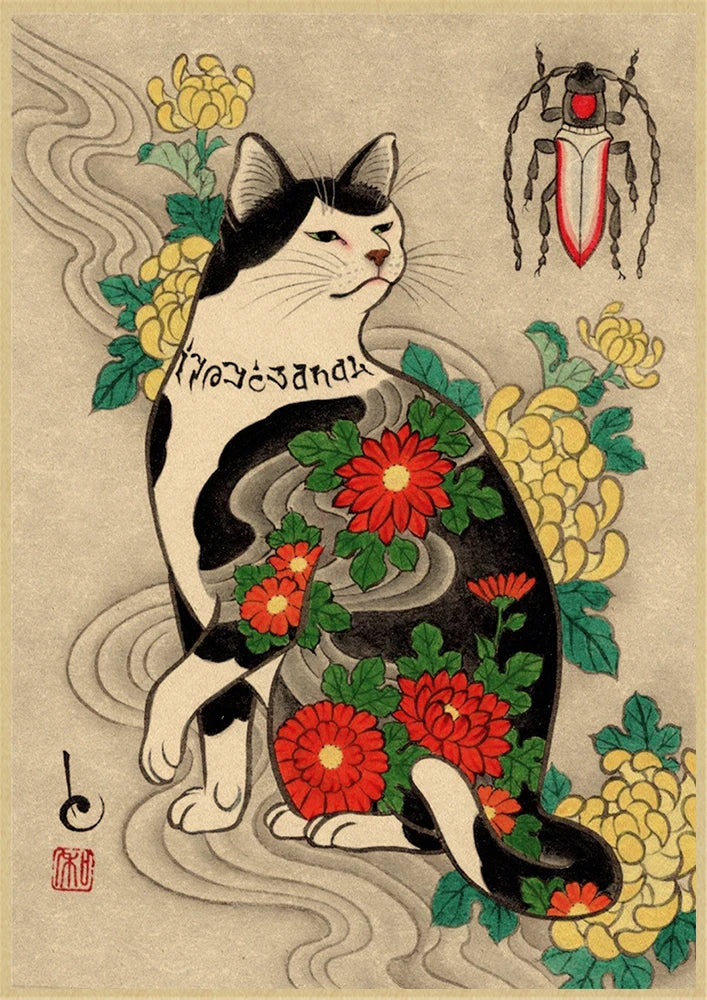 Japanese cat tattoo vintage poster wall art, traditional ink design, perfect for tattoo lovers, home decor, and unique wall decoration.