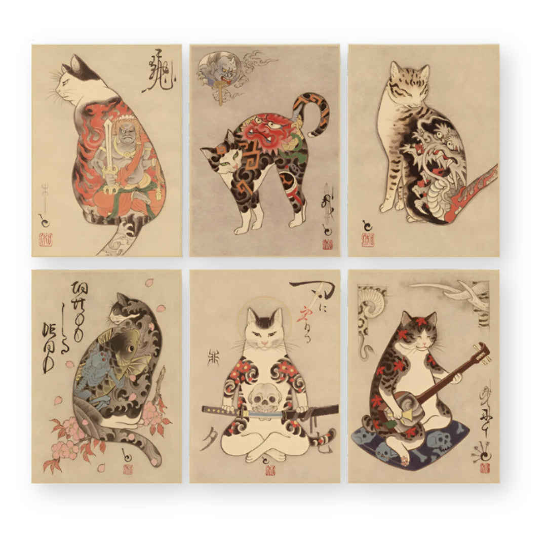 Japanese cat tattoo vintage poster wall art, traditional ink design, perfect for tattoo lovers, home decor, and unique wall decoration.