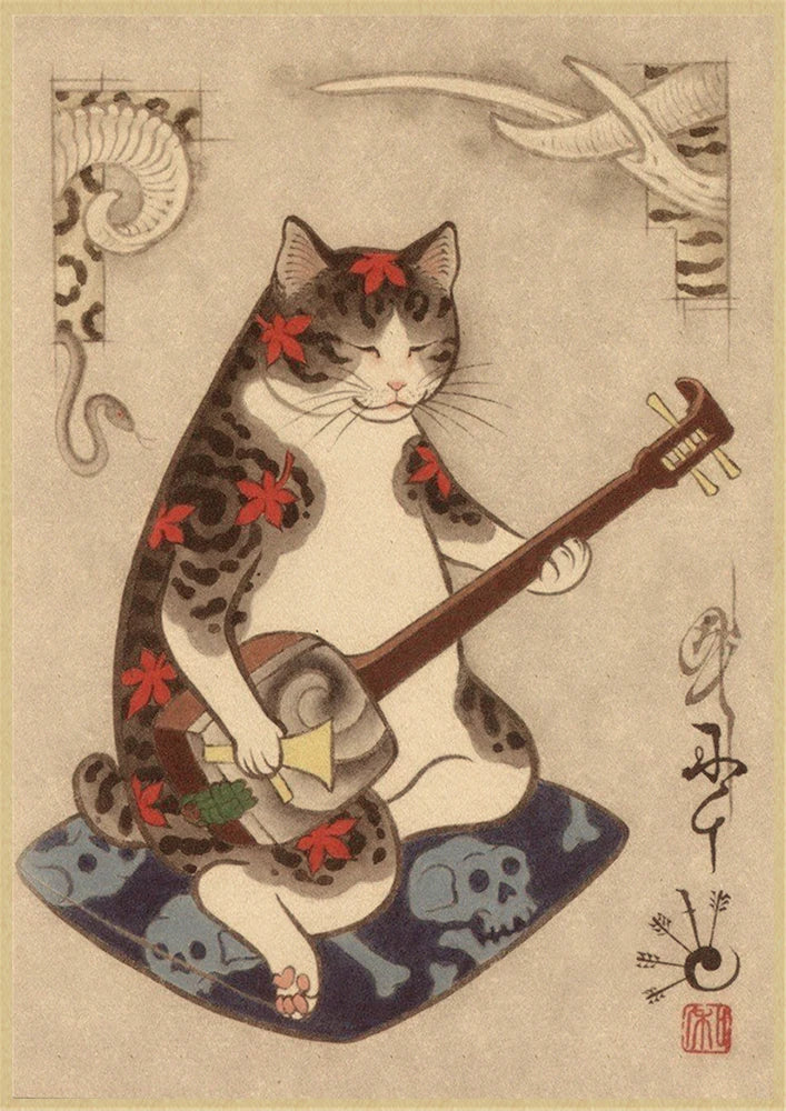 Japanese cat tattoo vintage poster wall art, traditional ink design, perfect for tattoo lovers, home decor, and unique wall decoration.