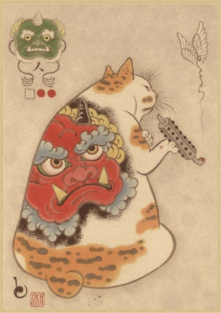 Japanese cat tattoo vintage poster wall art, traditional ink design, perfect for tattoo lovers, home decor, and unique wall decoration.