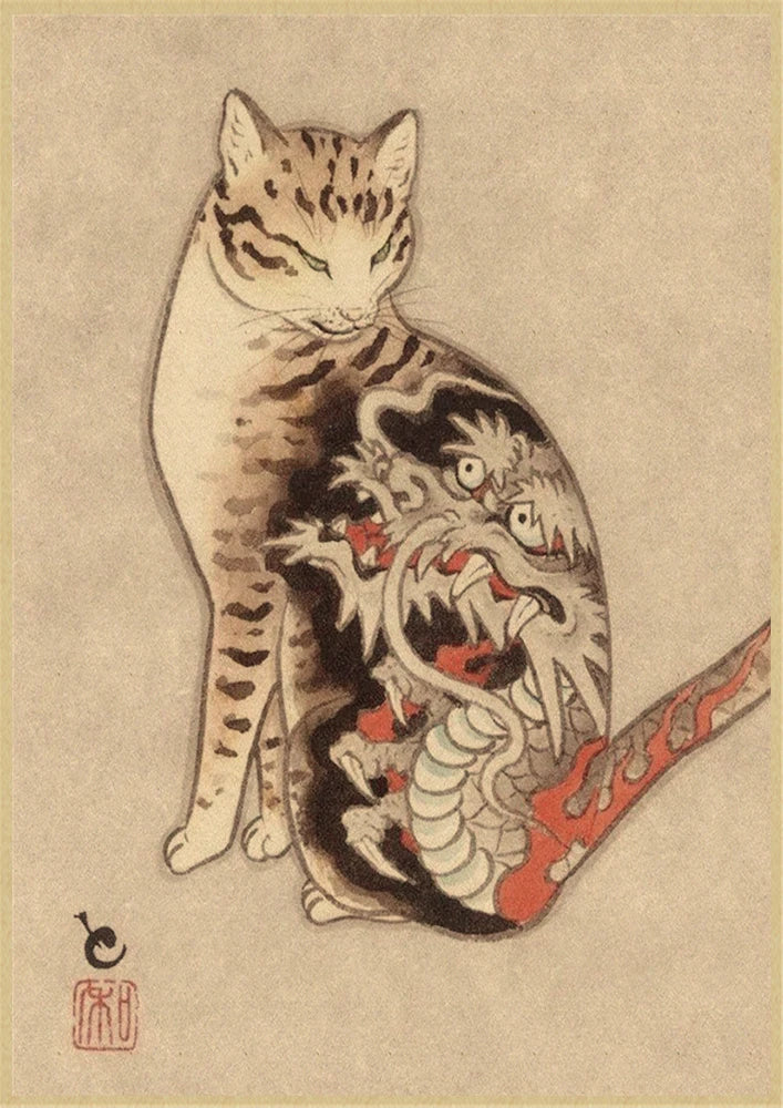 Japanese cat tattoo vintage poster wall art, traditional ink design, perfect for tattoo lovers, home decor, and unique wall decoration.