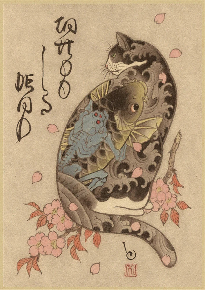 Japanese cat tattoo vintage poster wall art, traditional ink design, perfect for tattoo lovers, home decor, and unique wall decoration.