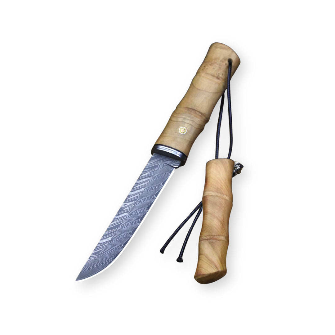 Japanese Damascus steel survival knife with bamboo-inspired handle, durable blade for outdoor adventures and bushcraft tasks.