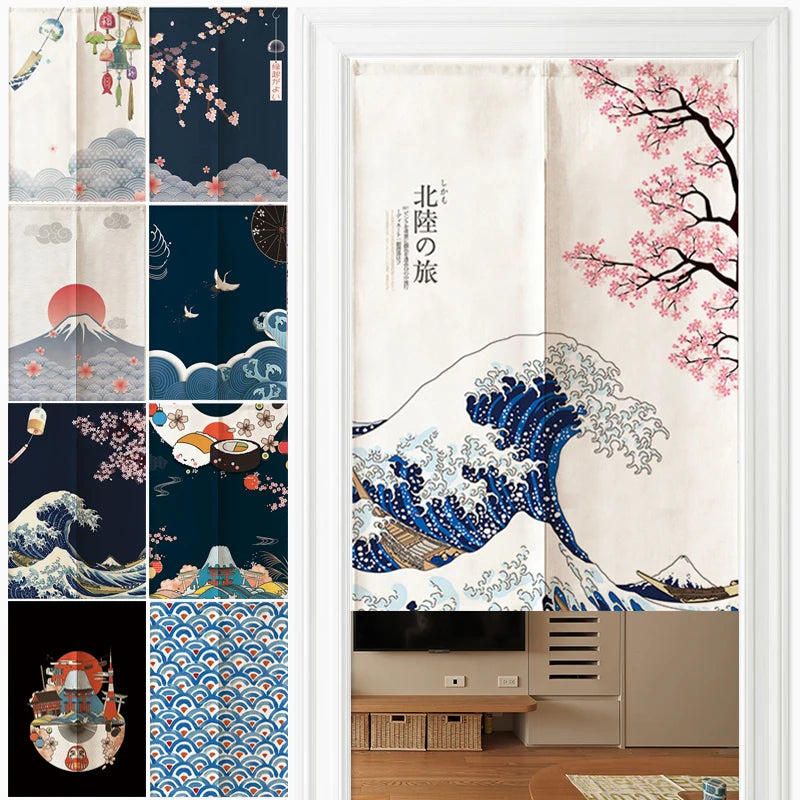 Traditional Japanese Noren curtains for doorways and room dividers, crafted with high-quality fabric and authentic Japanese designs.