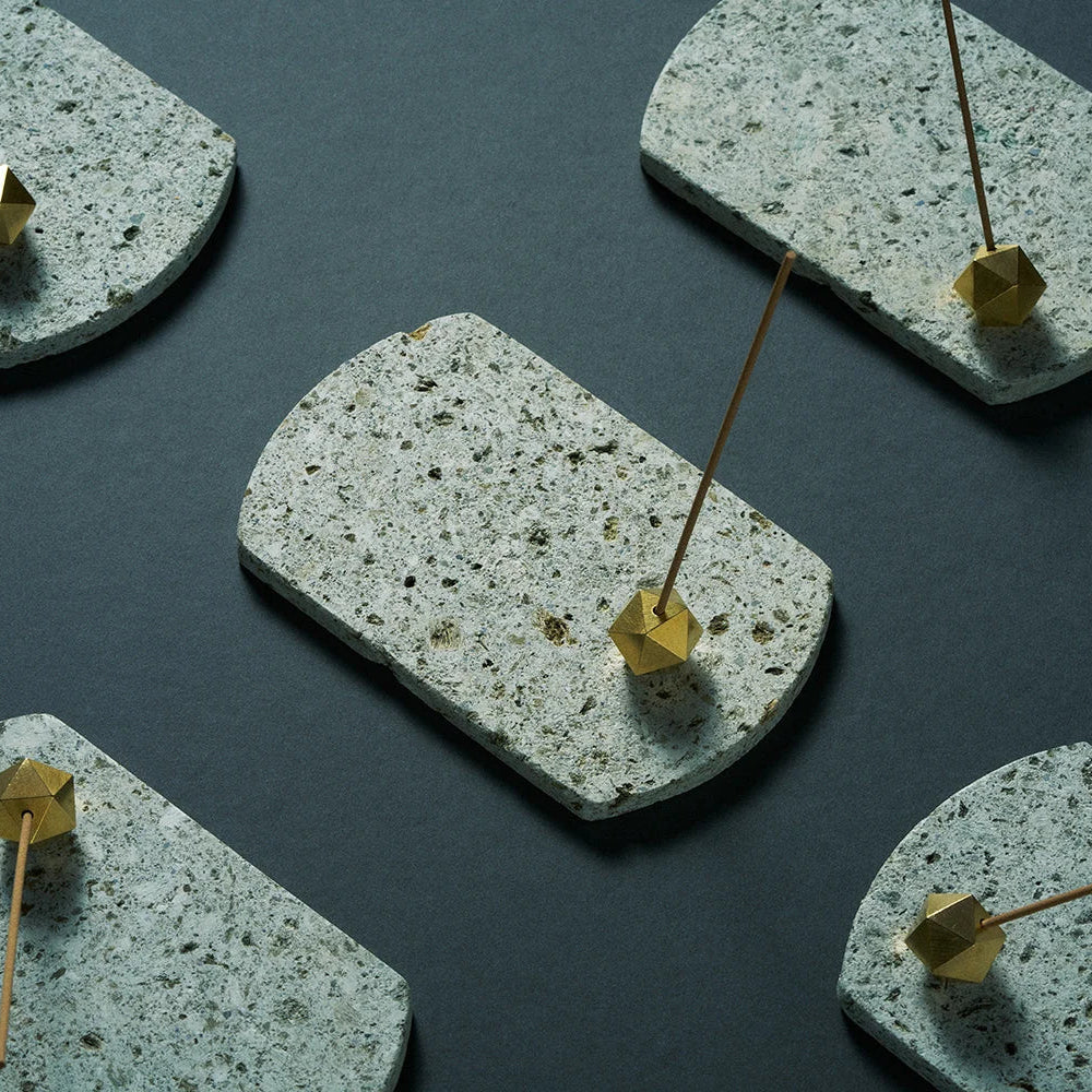Japanese Oya stone incense set with plate and holder, perfect for minimalist aromatherapy and Zen rituals.