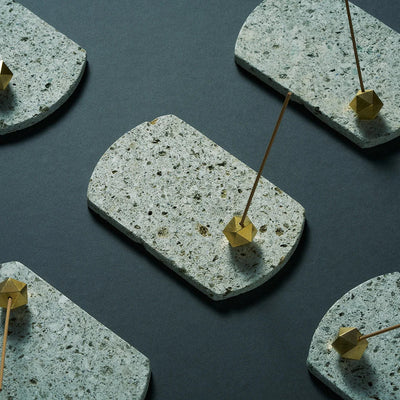 Japanese Oya stone incense set with plate and holder, perfect for minimalist aromatherapy and Zen rituals.