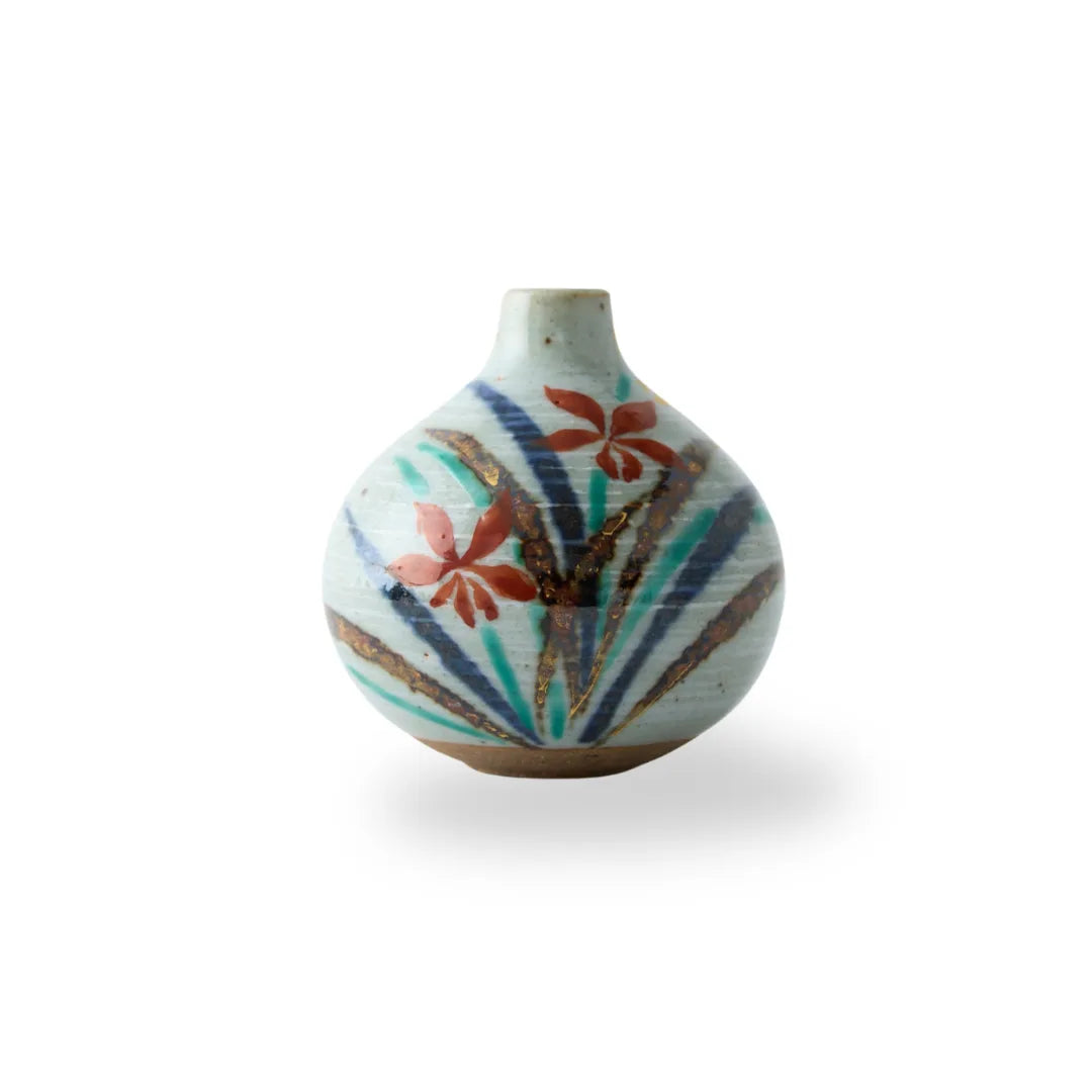 Japanese Tesai Kabin ikebana vase with Ran orchid motif, handmade slipware in Karatsu and Amakusa ceramic.