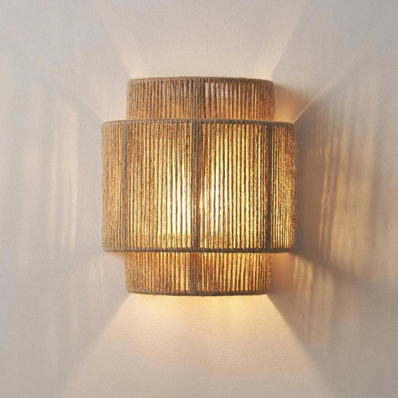 Japanese retro rattan wall lamp with soft ambient glow for minimalist and Zen-inspired interiors.