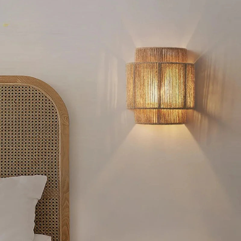 Japanese retro rattan wall lamp with soft ambient glow for minimalist and Zen-inspired interiors.