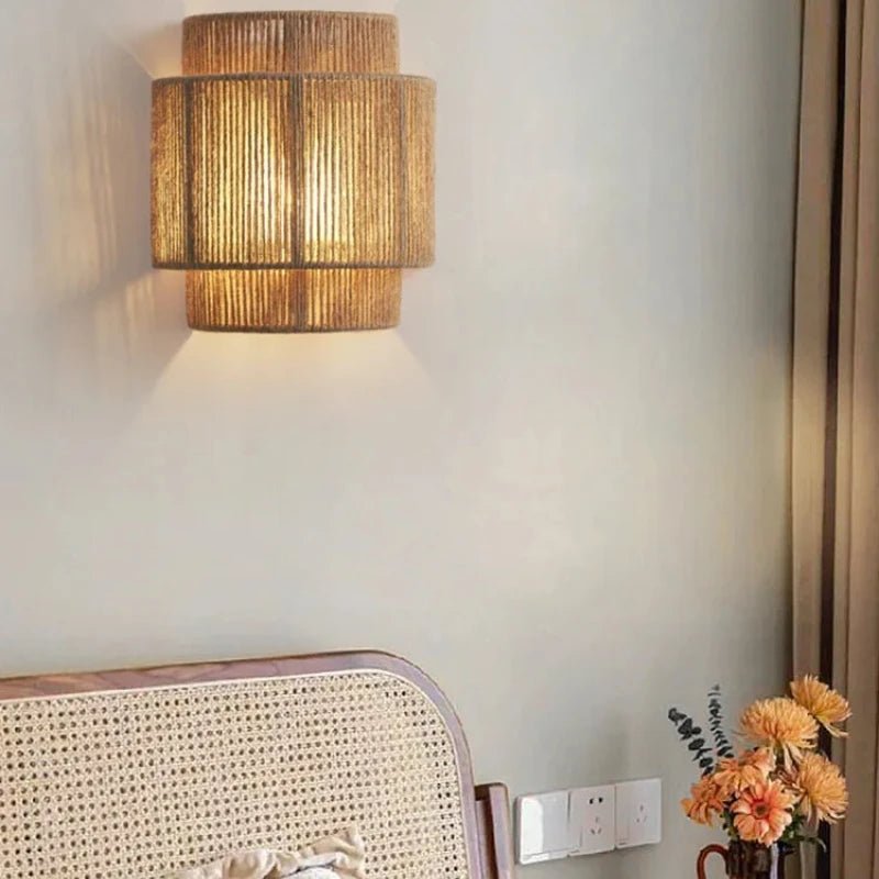 Japanese retro rattan wall lamp with soft ambient glow for minimalist and Zen-inspired interiors.