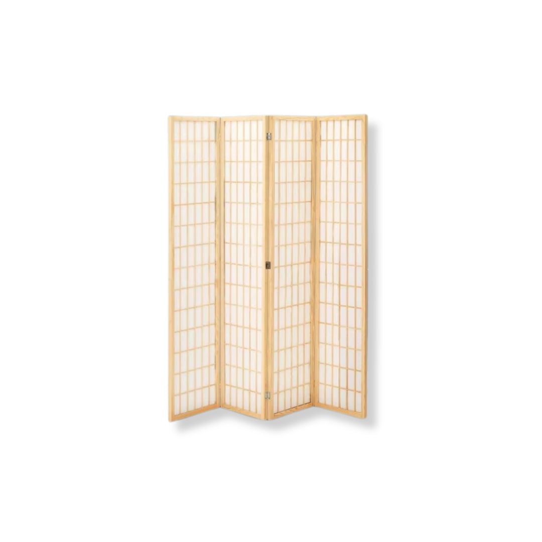 Elegant Japanese shoji screen room divider with wooden frame and light-filtering panels.