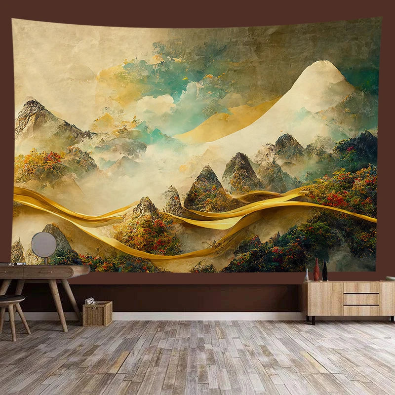 Japanese style landscape painting tapestry, serene natural scenery, perfect for home decor, wall art, and meditation spaces.