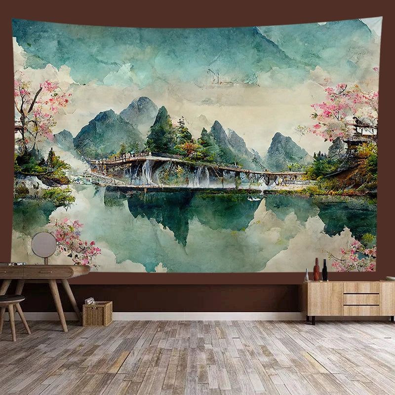 Japanese style landscape painting tapestry, serene natural scenery, perfect for home decor, wall art, and meditation spaces.