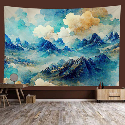 Japanese style landscape painting tapestry, serene natural scenery, perfect for home decor, wall art, and meditation spaces.