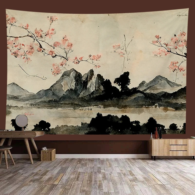 Japanese style landscape painting tapestry, serene natural scenery, perfect for home decor, wall art, and meditation spaces.