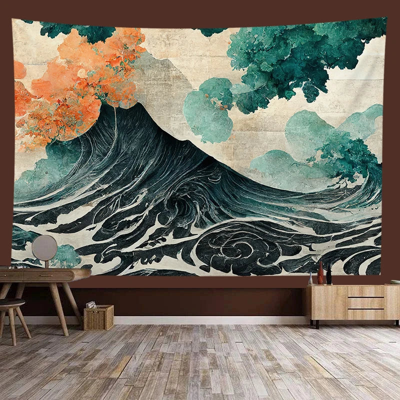 Japanese style landscape painting tapestry, serene natural scenery, perfect for home decor, wall art, and meditation spaces.