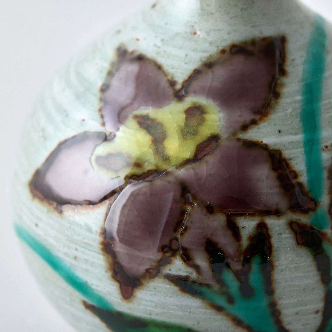 Japanese Tesai Kabin flower vase with Kikyo motif, handmade Karatsu clay with Amakusa slipware finish