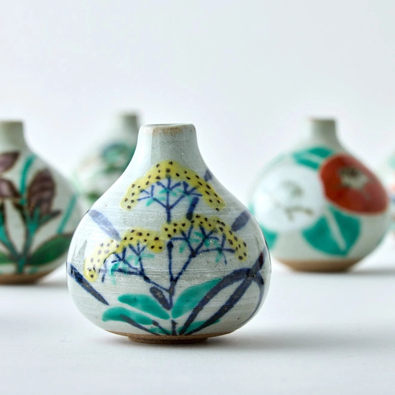 Japanese Tesai Kabin flower vase with Ominaeshi motif, handmade Karatsu clay and Amakusa slipware ikebana vase.