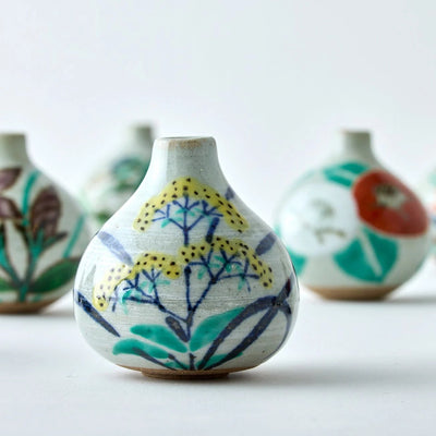 Japanese Tesai Kabin flower vase with Ominaeshi motif, handmade Karatsu clay and Amakusa slipware ikebana vase.