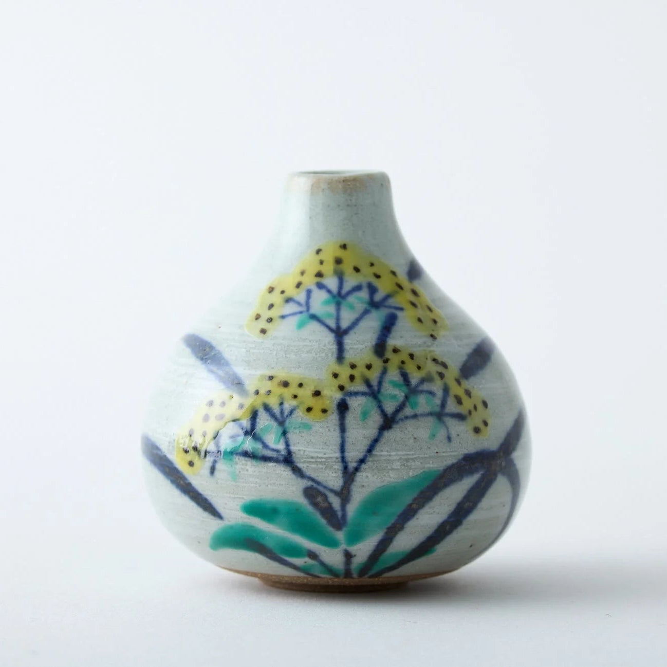 Japanese Tesai Kabin flower vase with Ominaeshi motif, handmade Karatsu clay and Amakusa slipware ikebana vase.