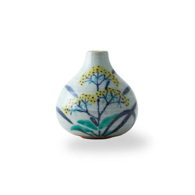 Japanese Tesai Kabin flower vase with Ominaeshi motif, handmade Karatsu clay and Amakusa slipware ikebana vase.