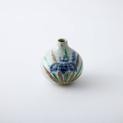 Handmade Japanese ikebana vase, Tesai Kabin with Shoubu iris motif, Karatsu ware and Amakusa porcelain slip.