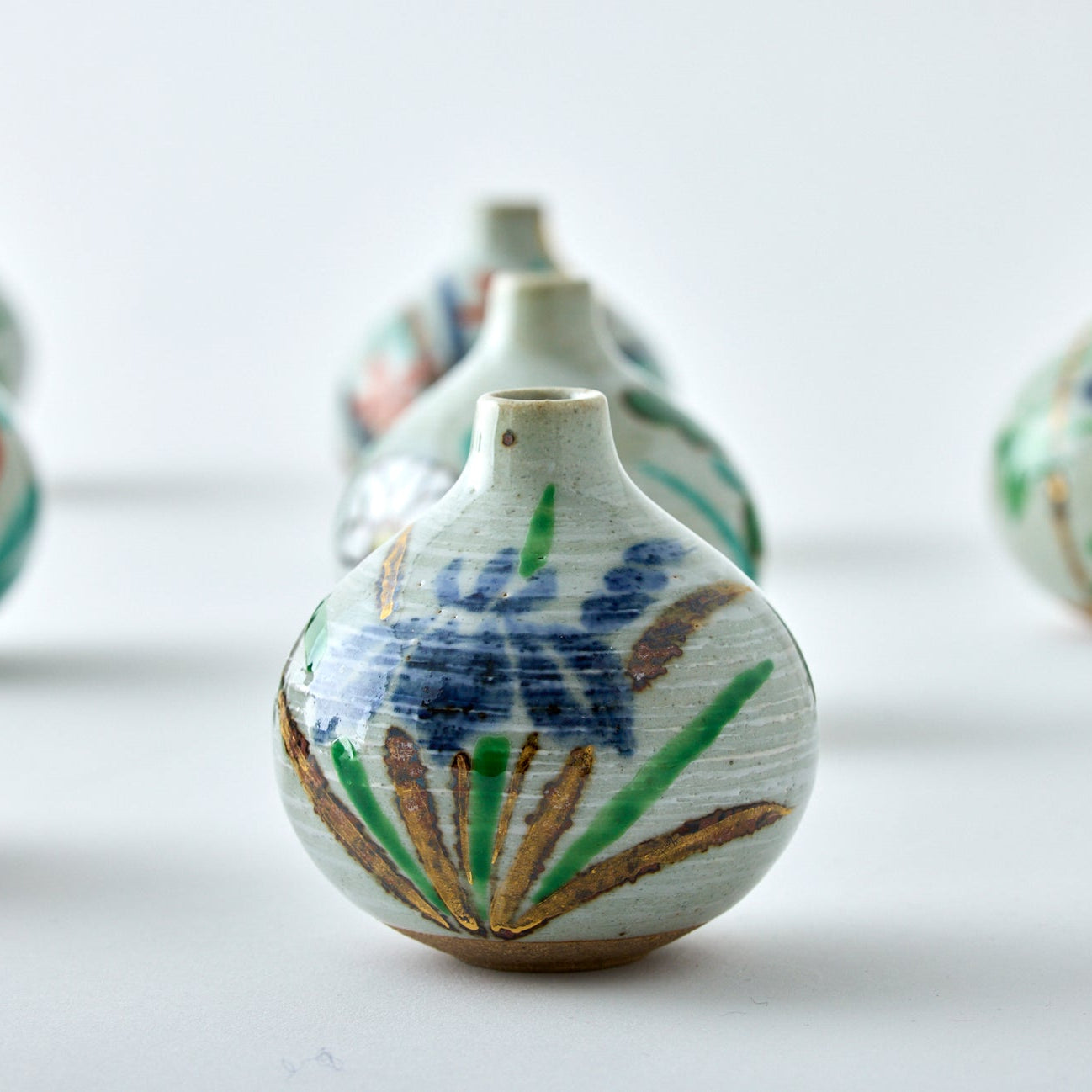 Handmade Japanese ikebana vase, Tesai Kabin with Shoubu iris motif, Karatsu ware and Amakusa porcelain slip.