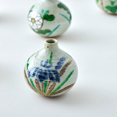 Handmade Japanese ikebana vase, Tesai Kabin with Shoubu iris motif, Karatsu ware and Amakusa porcelain slip.