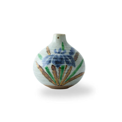 Handmade Japanese ikebana vase, Tesai Kabin with Shoubu iris motif, Karatsu ware and Amakusa porcelain slip.