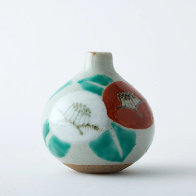 Handcrafted Japanese ceramic flower vase, wabi-sabi ikebana kabin with susuki motif for minimalist home decor.