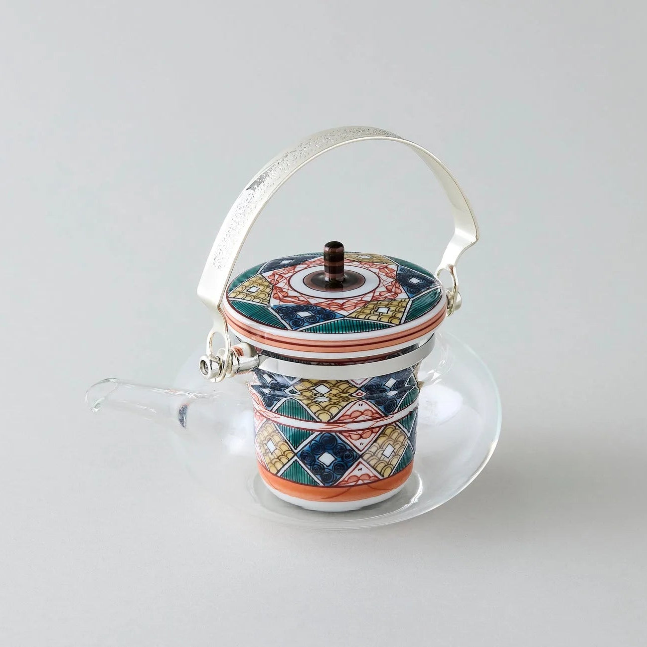 Kōdai Ko-Kutani glass teapot with diamond motif, elegant Japanese craftsmanship for tea lovers.
